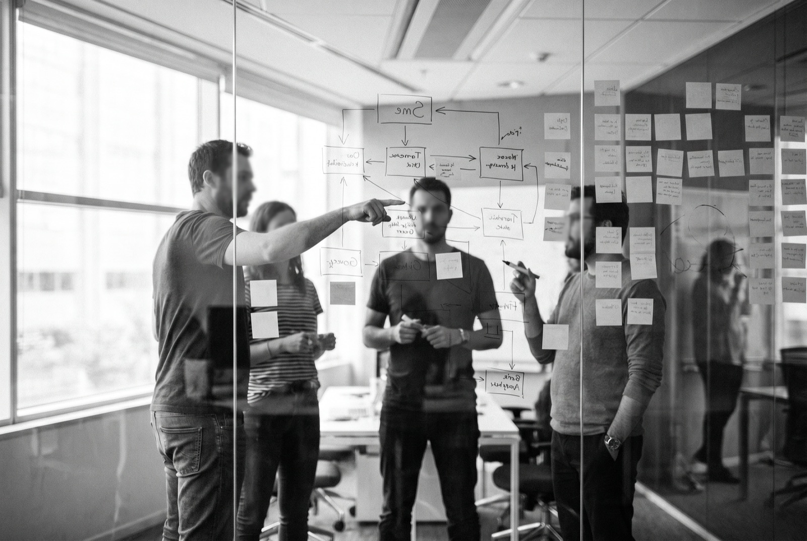 A team planning a project methodology on a glass wall of diagrams and sticky notes