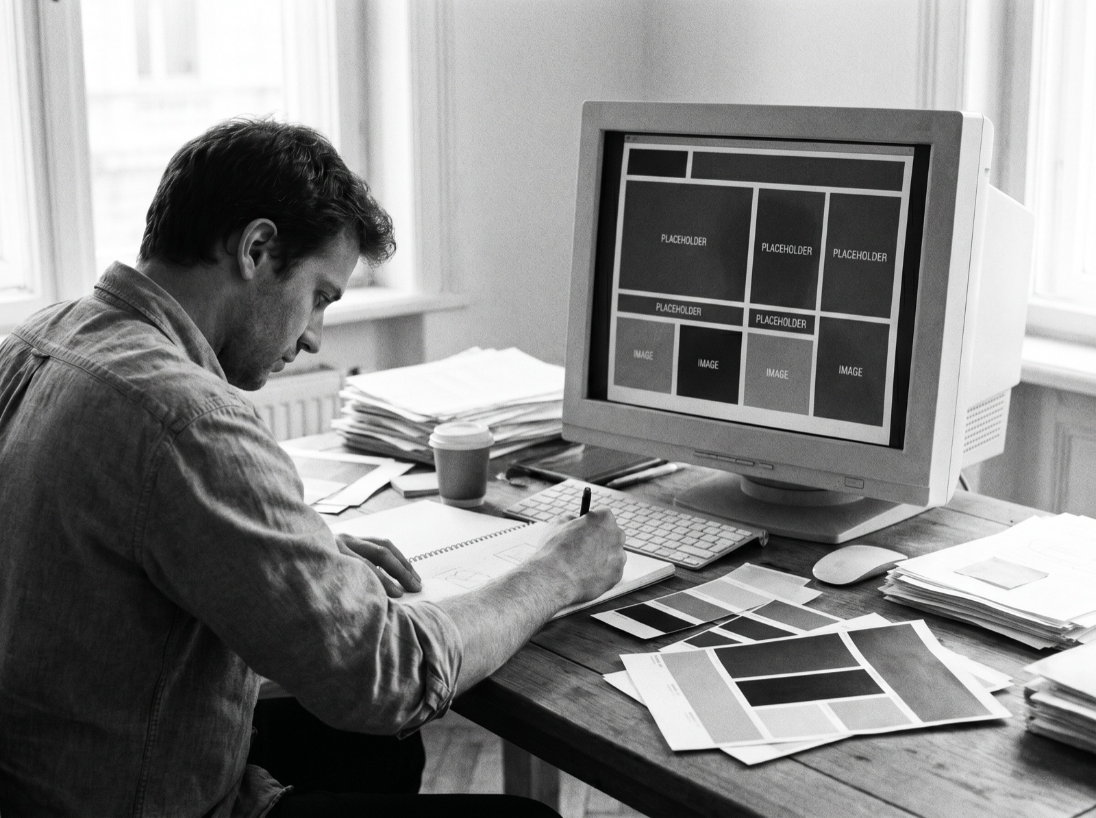 A designer working on a page layout at a desk