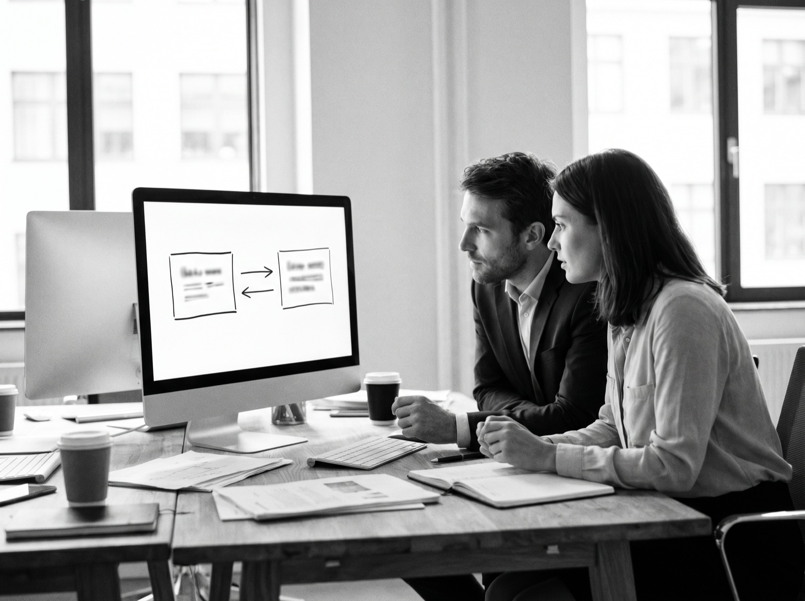 Two people reviewing a system integration on a monitor