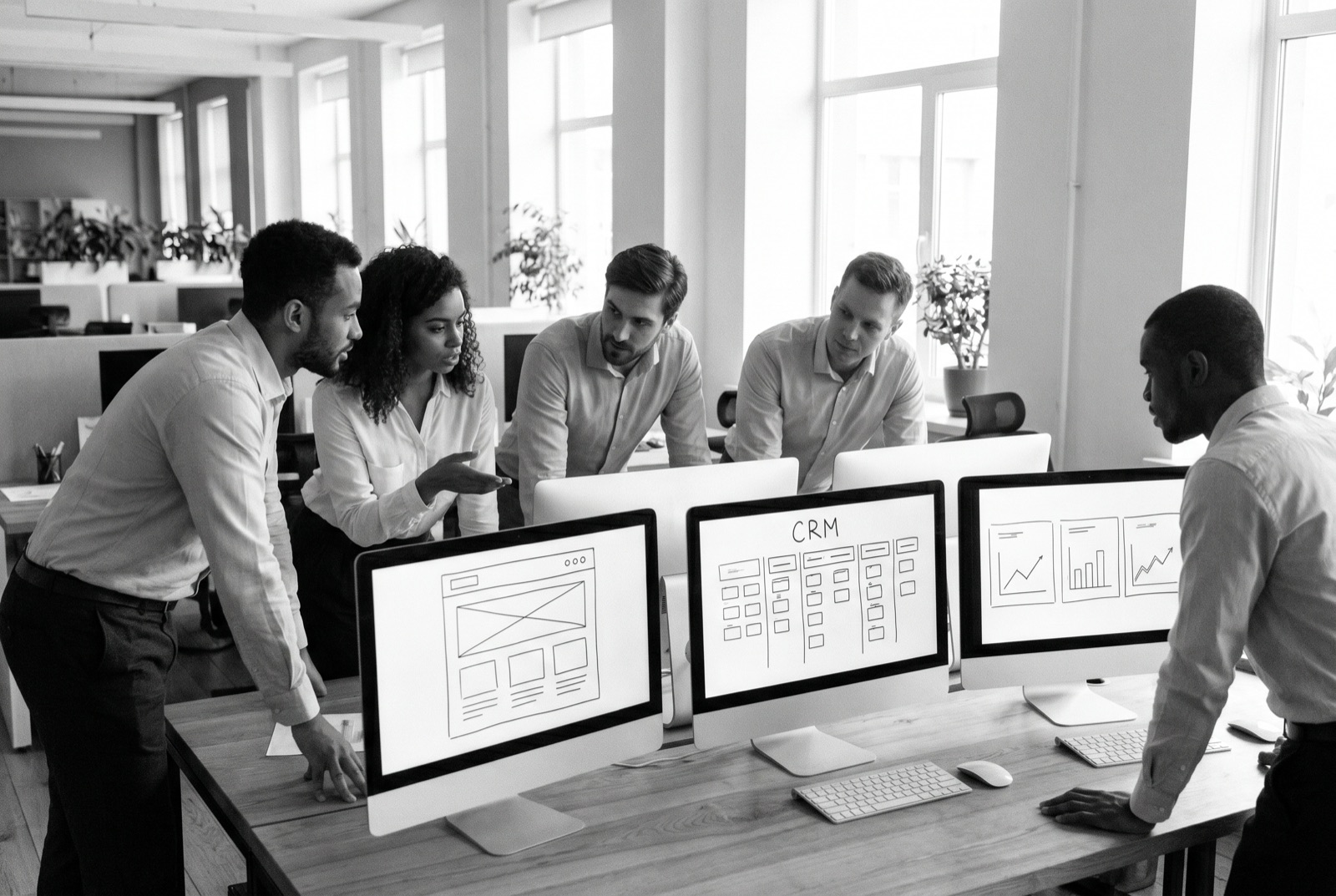 A B2B marketing and revenue team collaborating around screens showing a website, a CRM pipeline, and a dashboard