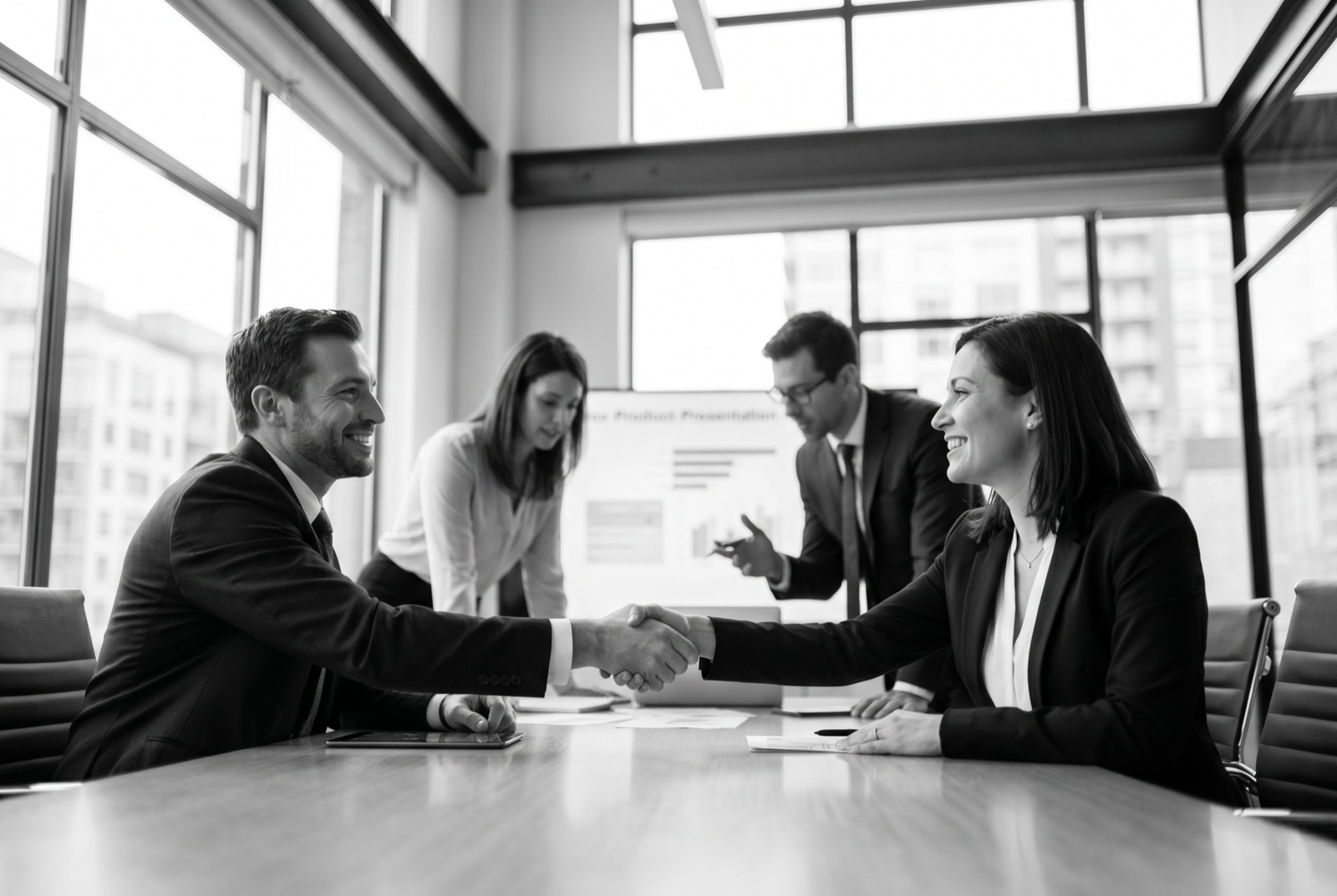 A business meeting and handshake suggesting partnership across industries