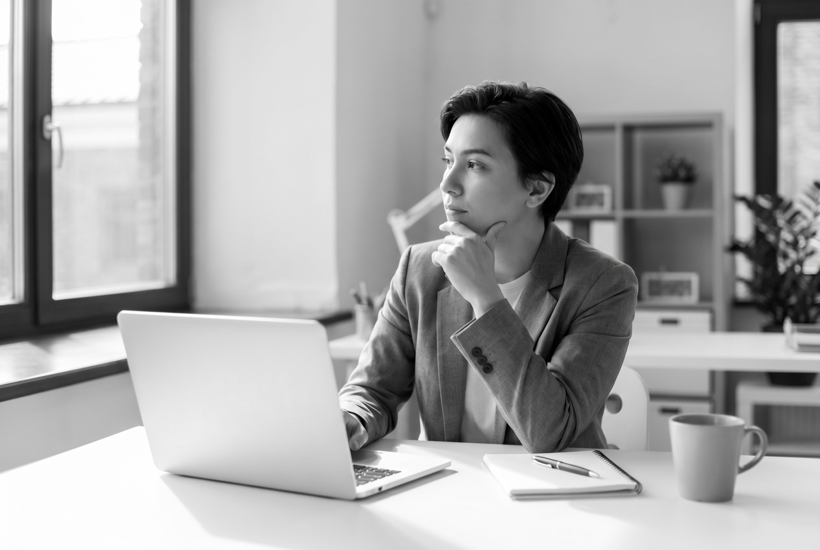 A professional writing at a laptop by a bright window