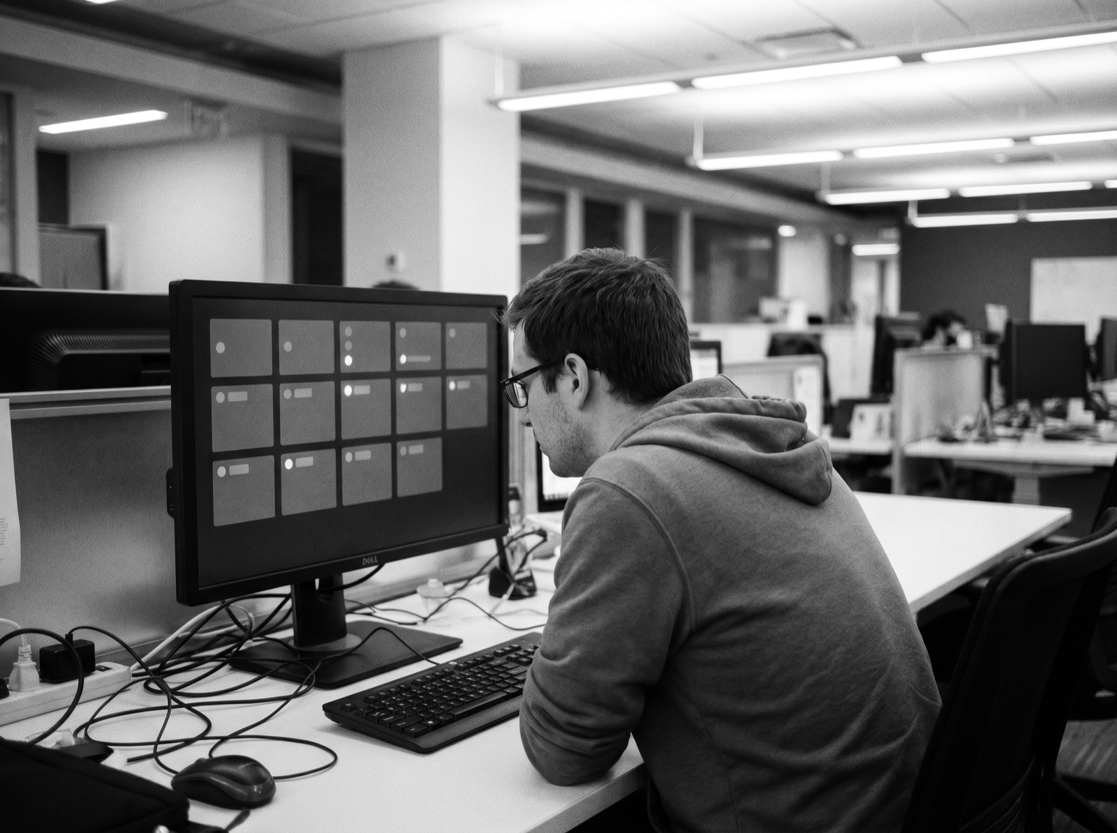 A technician reviewing managed hosting status on a monitor