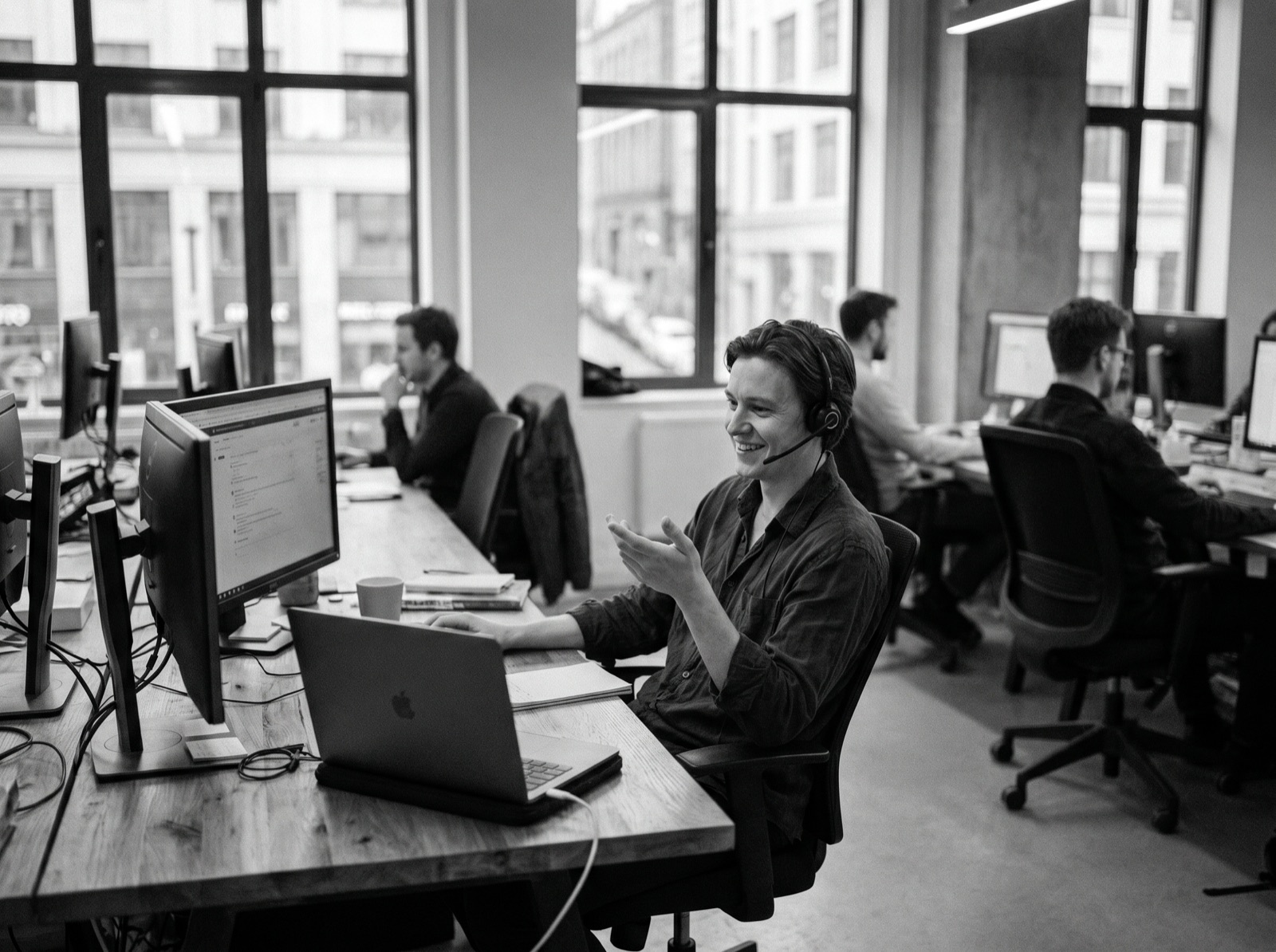 A support specialist helping a client on a headset