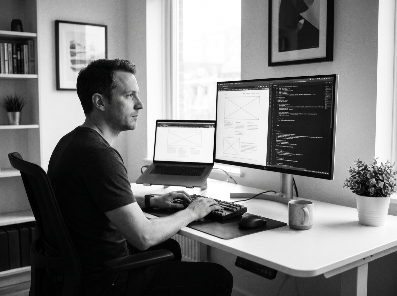 A developer building on a laptop and external monitor