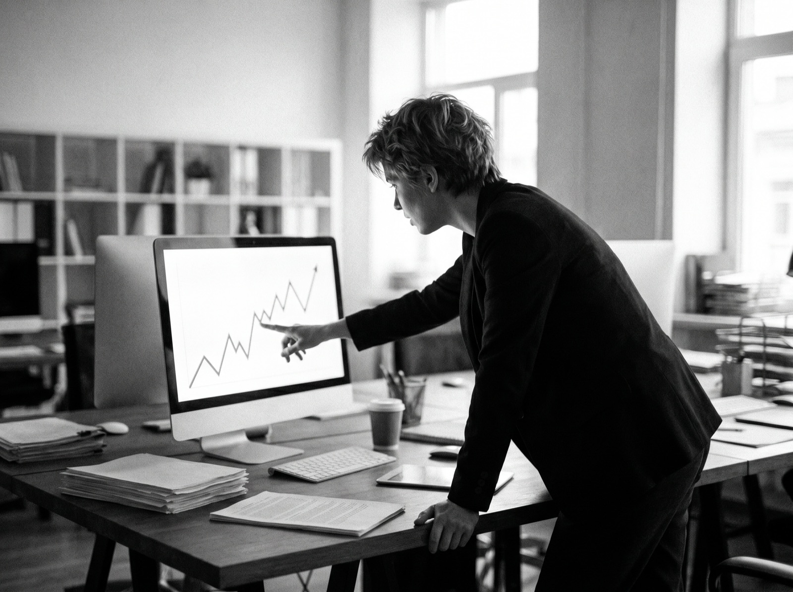 A marketer reviewing website performance charts on a monitor