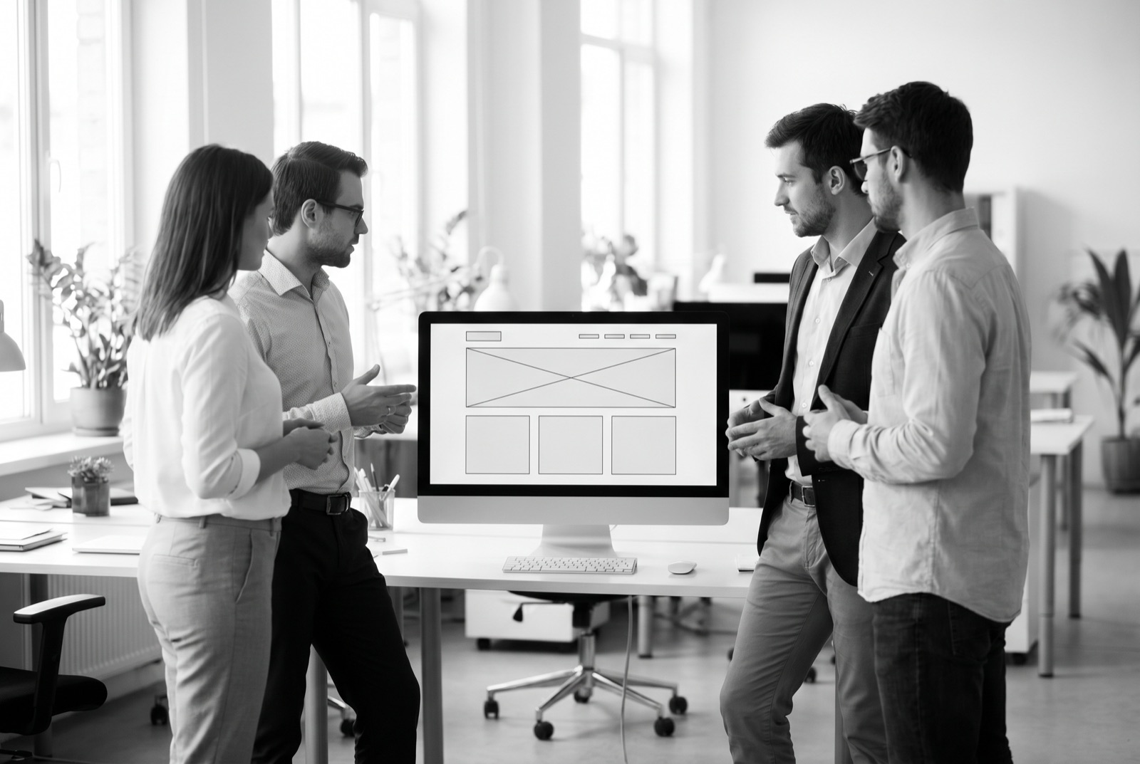 A B2B marketing and web team reviewing a website design together on screen